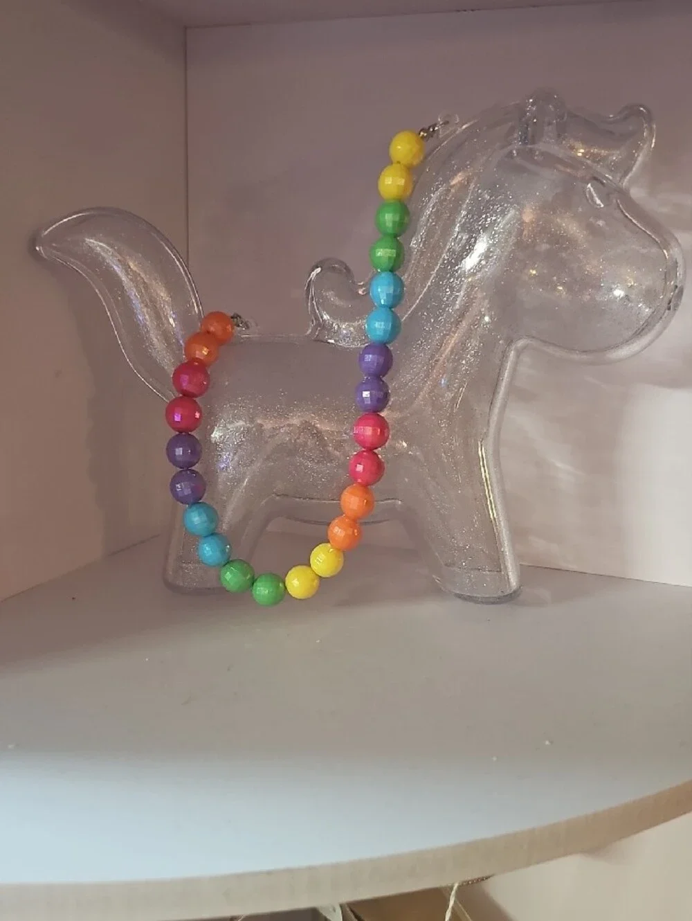 Kids Clear Glitter Unicorn Crossbody Bag with Multicolor Bead Strap